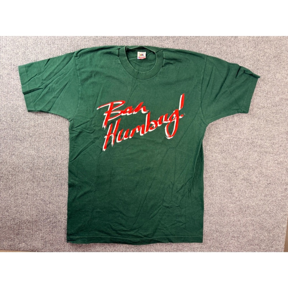 Vintage Fruit of the Loom Bah Humbug T Shirt Large Green Cotton USA Made Y2K